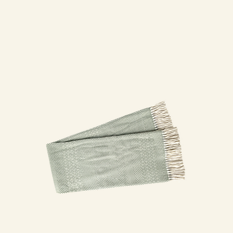 A green woven throw blanket with a checkered pattern and fringe detailing.