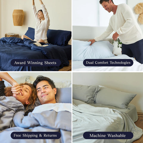 Four highlights of the Performance TENCEL™ Sheets: Woman laying in bed with the Navy sheets and the highlight "Award Winning Sheets". A man making the bed with the Alice sheets with the highlight "Dual Comfort Technologies". A couple laying in bed with the highlight "Free Shipping & Returns". A set of Dove gray sheets on a bed and the highlight "Machine Washable".