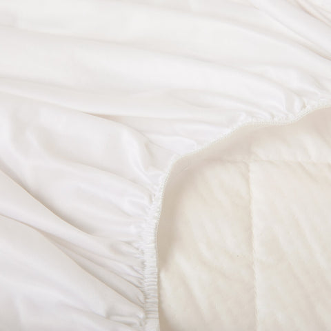 A detailed view of the skirting on a Slumber Cloud Performance Mattress Protector.