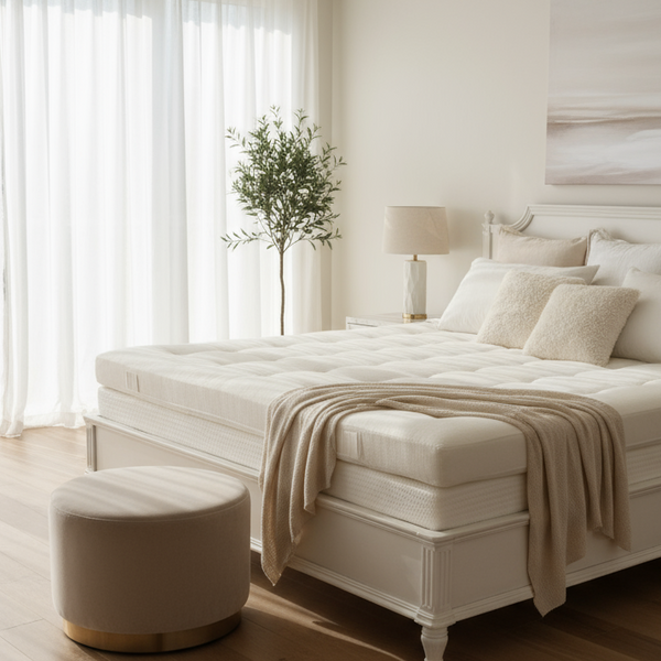 a thick mattress topper in a light colored bedroom with a luxury bedframe and soft sunlight lighting and shadows 