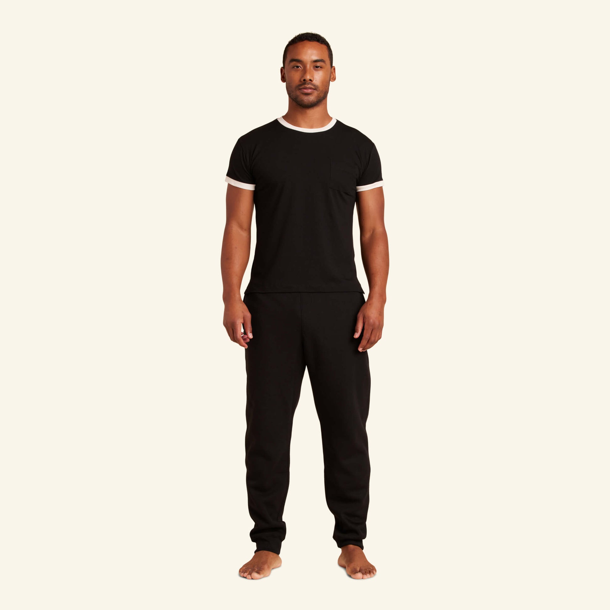 Man wearing the Slumber Cloud Essential Pocket Tee made with Outlast temperature regulation technology
