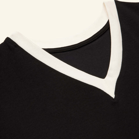 Detailed view of the Slumber Cloud Essential V-Neck made with Outlast temperature regulation technology